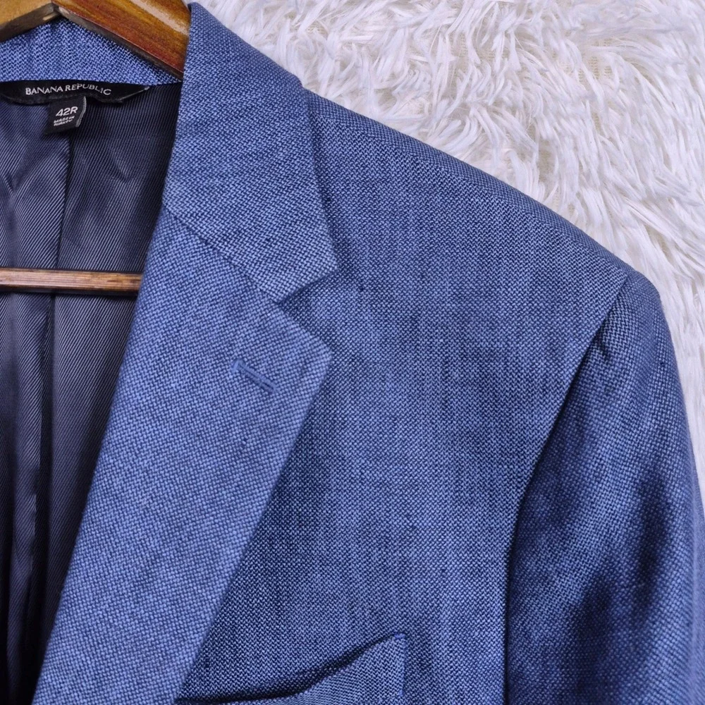 Banana Republic Mens 42R Slim Fit Linen Blazer Comet Blue 2-Button Jacket